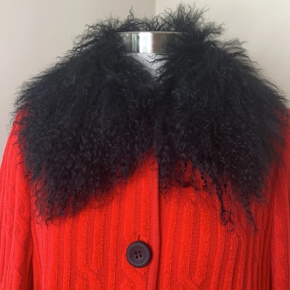 Lola Made in Italy Red Black Cable Knit Fur Collar Duster Cardigan Coat 8 44 - Picture 7 of 17